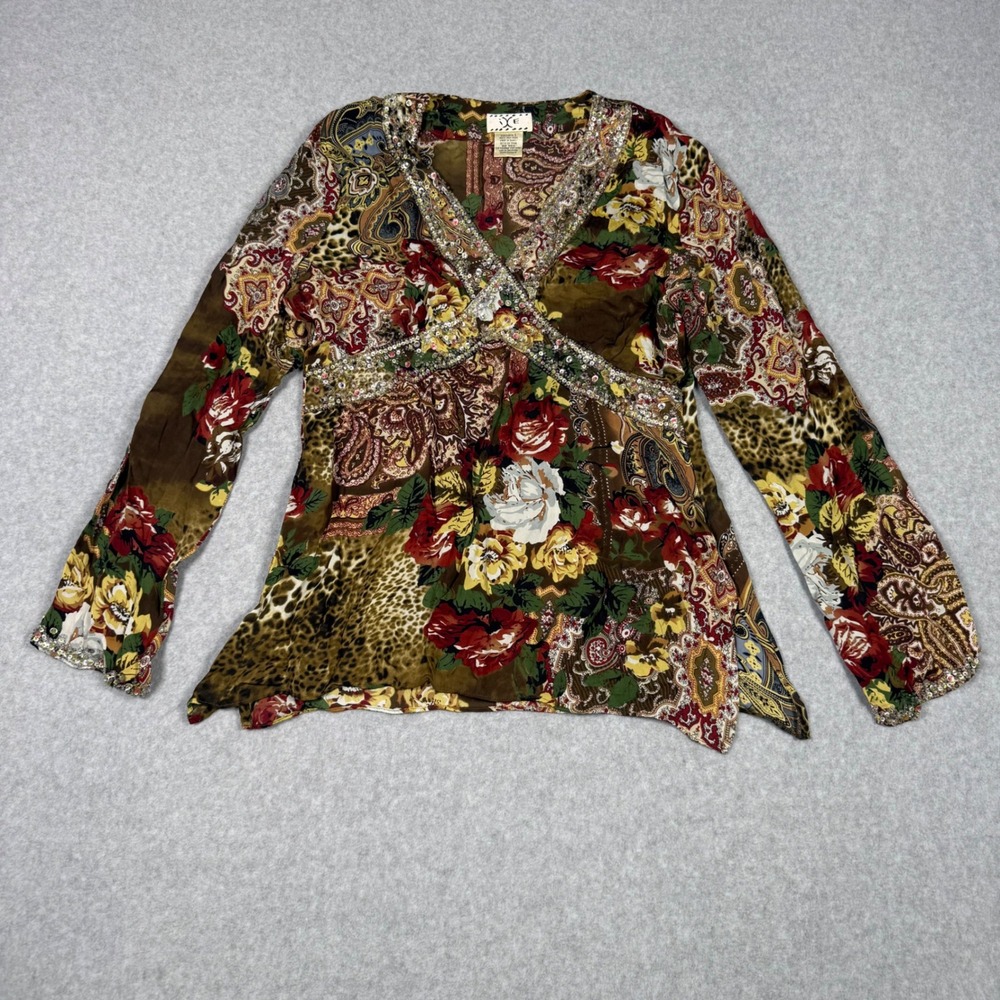 Vintage Y2K Fairy Grunge IXE Silk Beaded Blouse Floral Paisley Boho Top Large